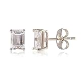 RIZILIA CLASSIC White Topaz Stud Earrings for Women - 18K White Gold Plated 7x5mm Rectangular Emerald Cut CZ, Hypoallergenic April Birthstone Solitaire Earrings with Premium Gift Box