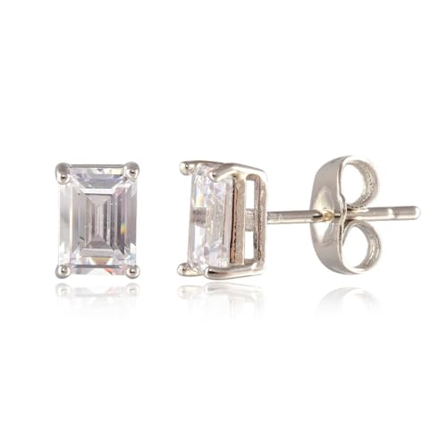 Image of RIZILIA CLASSIC White Topaz Stud Earrings for Women - 18K White Gold Plated 7x5mm Rectangular Emerald Cut CZ, Hypoallergenic April Birthstone Solitaire Earrings with Premium Gift Box