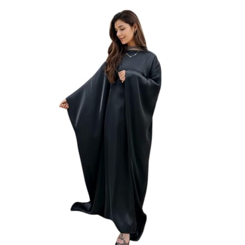 Image of Women Abaya Dress Ramadan Eid Summer Satin Islam Muslim Batwing Sleeve Maxi Dress Kaftan Robe Ramadan Clothes