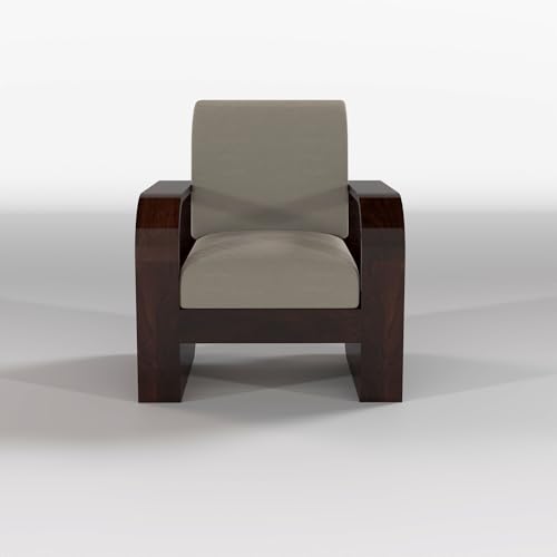 Image of Solid Sheesham Wooden 5 Seater Sofa Set with Coffee Table with Light Taupe Cushion for Living Room Furniture - Walnut Finish (3+1+1)