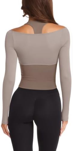 LASLULU Womens Colorblock Padded Long Sleeve Workout Tops Khaki Medium — view 3