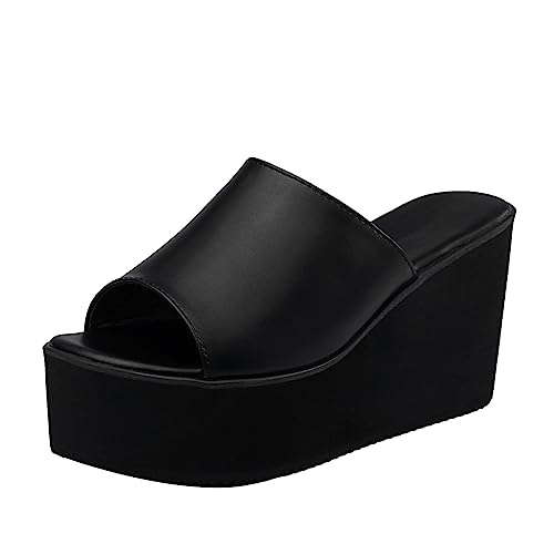 AdEptt Women's High Wedge Heel Platform Open Toe with Chunky high Heels Beach Summer Slippers,Black pu,40 EU