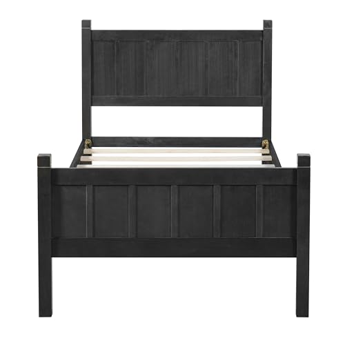 Image of Twin Size Vintage Bed Frame with Headboard, Farmhouse Wooden Platform Bed with Under-Bed Storage, Minimalist Modern Wood Grain Finish Bedframe for Bedroom (Black)