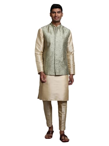 Image of VM Men's Mint Green-AX1 and Gold Silk Blend Jacket, Kurta and Pyjama Set VMMJ217MInKGO001nPANT005GO 38
