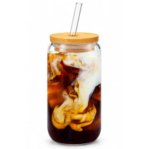 Image of Glass Tumbler with Bamboo Lid & Glass Straw - 450ml, Set of 1, Clear Drinking Glass Cup for Iced Coffee, Tea, Smoothies, Juice & Boba, Leak-Resistant Can Shaped Borosilicate Glass Cup