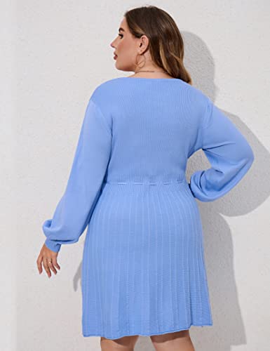 Image of Women's Plus Size Casual Sweater Dress Square Neck Long Lantern Sleeve Tie Waist Loose Pullover Sweater Dresses