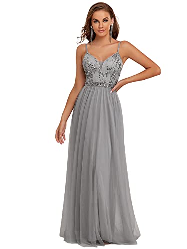 Ever-Pretty Women s A-line V Neck Tulle Long Formal Party Dress Grey US14