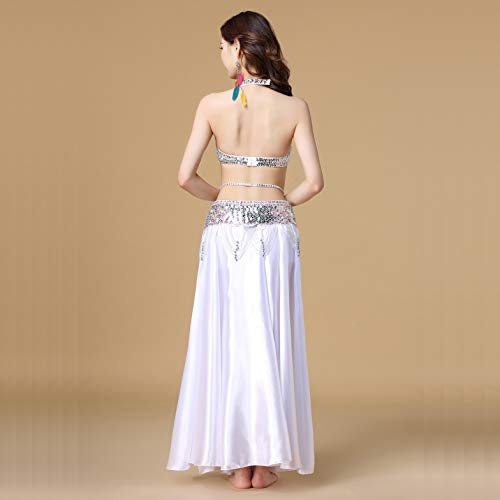 Munafie Belly Dance Skirt Two Side Slit Satin Skirt White #TOP6