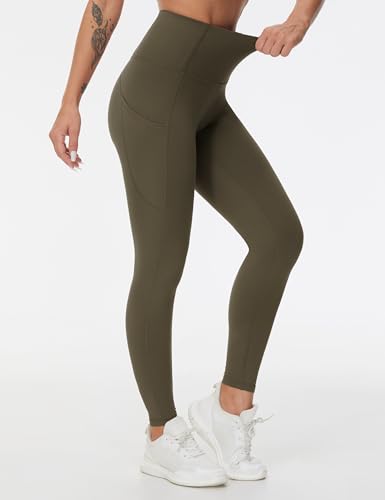 Image of THE GYM PEOPLE Thick High Waist Yoga Pants with Pockets, Tummy Control Workout Running Yoga Leggings for Women