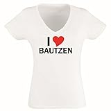T-Shirt - Damen - weiß - XL - V-Ausschnitt mit - Stadt - i Love Bautzen - Bedruckt - lustig witzige Motive - Name Herz - Fasching Party Fun Sport
