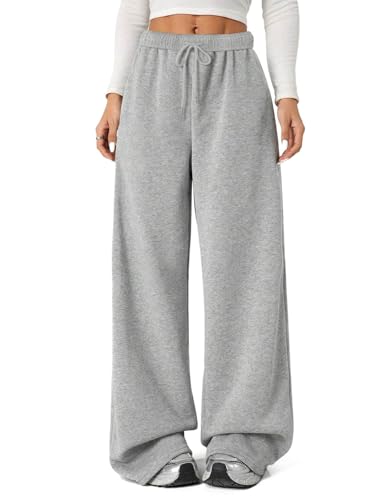 FACDIBY Fleece Lined Sweatpants for Women Wide Leg High Waisted Sweat Pants Baggy Drawstring Sherpa Straight Leg Lounge Pants Grey M