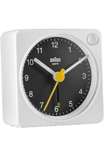 Braun Classic Travel Analogue Alarm Clock with Snooze and Light, Compact Size, Quiet Quartz Movement, Crescendo Beep Alarm in White and Black, Model BC02XWB.