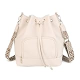 AFKOMST Borsa a secchiello da donna in pelle, con coulisse e tasca frontale con cerniera, grande capacità, borsa a tracolla per lavoro, viaggi e uso quotidiano, Beige