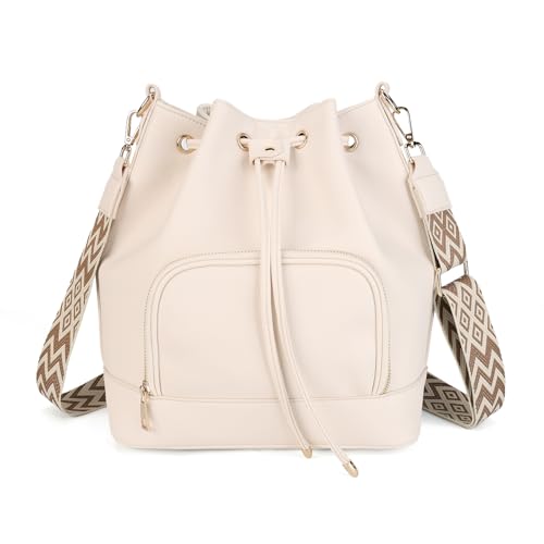 AFKOMST Women’s Leather Bucket Bag, Drawstring Shoulder Backpack with Front Zip Pocket – Large Capacity Crossbody Tote Purse for Work, Travel & Everyday Use