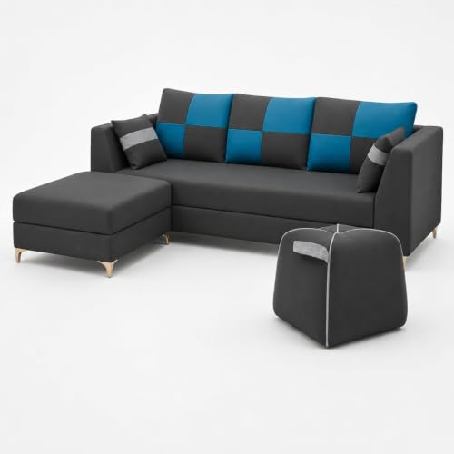 Image of FURNY Signature Cresta 5-Seater L-Shape Sofa Set with Movable Ottoman & Suri Pouf | Flexible LHS /RHS Layout | Boston Fabric | 40D Foam + Zigzag Spring | 3-Yr Warranty (Ash Grey-Aqua Blue)