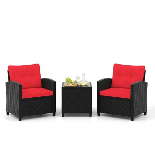Image of Tangkula 3 Pieces Patio Furniture Set, Rattan Conversation Set w /Soft Seat & Back Cushions, Tempered Glass Topped Coffee Table, Cushioned Wicker Seating for Backyard, Porch, Poolside (Red)
