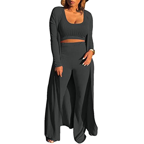 Image of Women's 2 Piece Outfits Set Ribbed Short Sleeve Casual Crop Top Wide Leg Pants Suit Set