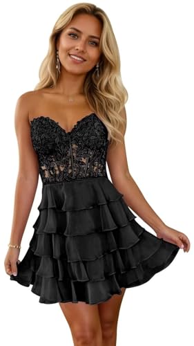 Tiered Lace Homecoming Dresses Short for Teens 2025 Strapless Chiffon Ruffles Prom Cocktail Gowns