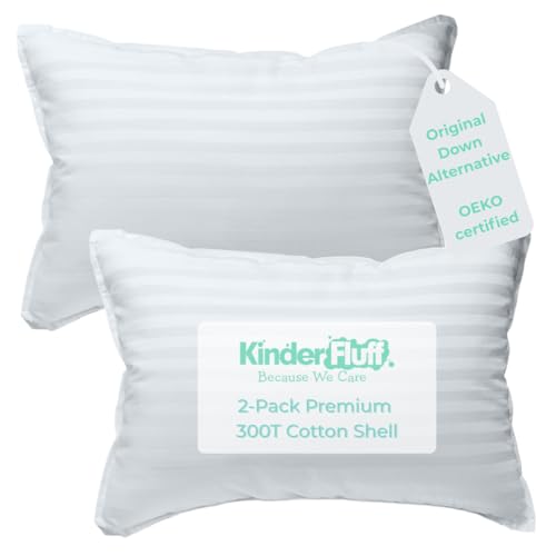 kinder Fluff Children Pillows for Bed (2X) 14x20in- The Only Kids Pillow 300T Cotton Shell & Down Alternative Fill - Travel Pillow for Children Bedding Set Sleeping Pillow Floor Bed Pillows- White- M