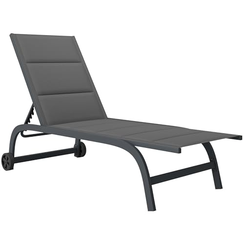 Outsunny Bain de Soleil en Aluminium, Dossier Réglable 6 Positions avec Roues, Textilène 560g/m²...