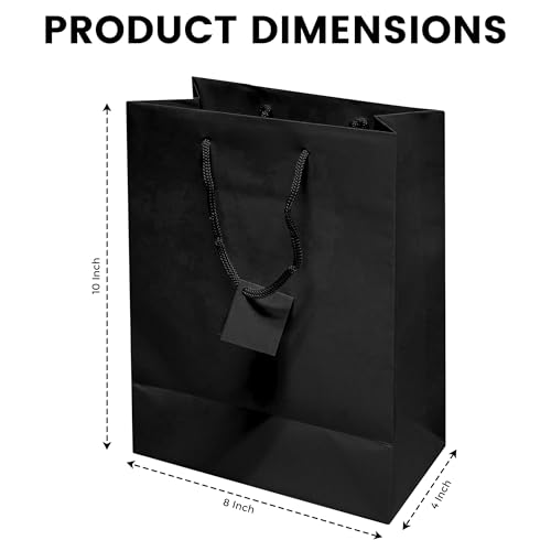 Novel Box Black Gift Bags with Handles 10 Pack 8x4x10 Inches Large Paper Bulk Gift Bags for Business, Shopping, Birthday, Party Favor - Euro Tote Paper Bag for Groceries & Personal Use