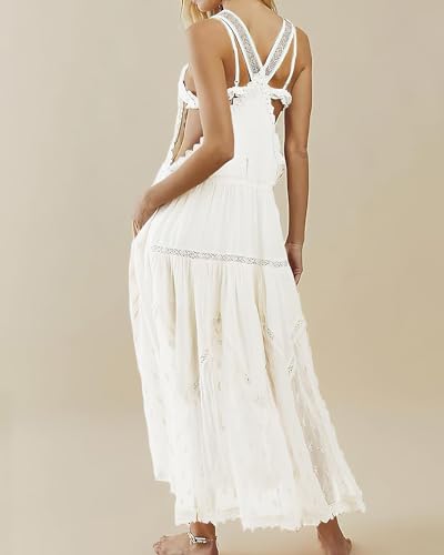 Image of Women's Laced Embroidered Tulle Boho Dress Casual Loose Adjustable Straps Bib Maxi Dress