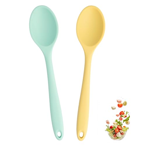 2 Pcs Small Silicone Spoons Mixing Spoons for cooking,Heat Resistant for Kitchen Cooking Baking Stirring Mixing Tools (Yellow Green)