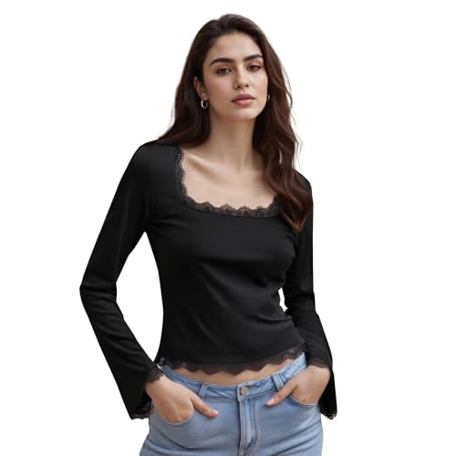 Image of Women Bell Long Sleeve Top Square Neck Lace Trim Slim Fit Crop Blouse Y2k Solid Tunic Tee Shirt(Black#1,L)