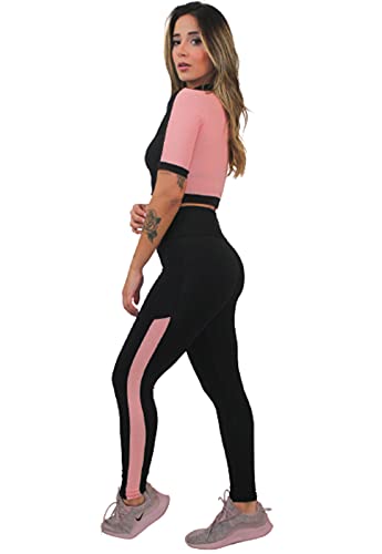 Conjunto Feminino Fitness Calça Legging Preto Detalhe Rosê Cropped 2 Cores