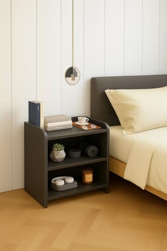 Image of NEST NATURE HAVEN Modern Bedside Table Wooden Organizer Nightstand Stand Storage Self Home Decor Table with 3 Shelves,End Table Coffee Table for Bedroom /End Table for Living Room(Dark Brown)