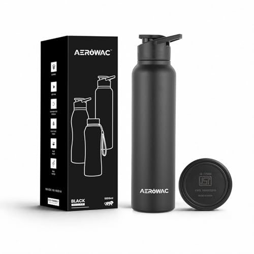 Image of Nubo Alpha 202 Stainless Steel Water Bottle 1000 ml | BPA Free Leak Proof Sipper Bottles | Textured Finish Metal Water Bottle with Sports Cap | Reusable Bottles for Gym Office Travel (Black)