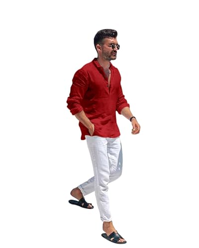 Image of Men's Cotton Blend Straight Kurta Shirt with Mandarin Collar - Slim Fit Casual Short Kurti Featuring Textured Slub Fabric and Roll-Up Full Sleeves