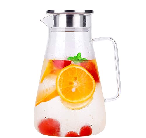1800ml Carafe Glass, Uten Pitcher Jug Lead-Free Borosilicate Glass Kettle with Crystal Handle and Stainless Steel Lid Cover for Milk, Red Wine, Cold Water, Fruit Juice, Hot Coffee, Ice Drinks etc