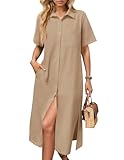 HOTOUCH Womens Plus Size Dress Summer Midi Short Sleeve Button Down Shirt Linen Dress Beach Cover Up with Pockets Beige