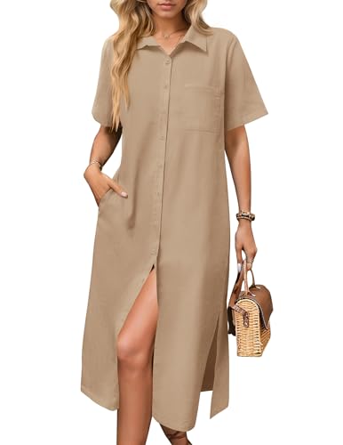 HOTOUCH Womens Plus Size Dress Summer Midi Short Sleeve Button Down Shirt Linen Dress Casual Beach Cover Up with Pockets Beige