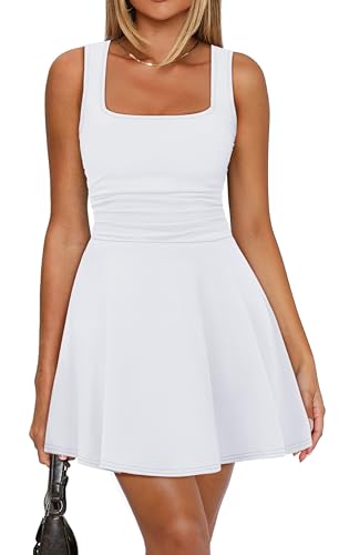 OFEEFAN White Dress Sleeveless Square Neck Mini Dresses Summer Dresses for Women Graduation Dress Fit and Flare XS