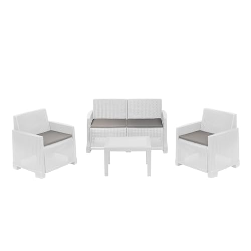 Dmora - Ensemble de Salon d'extérieur Vieste, Composition de Jardin avec 2 fauteuils, 1 canapé et 1 Table Basse, Effet rotin avec Coussins, 100% Made in Italy, Blanc