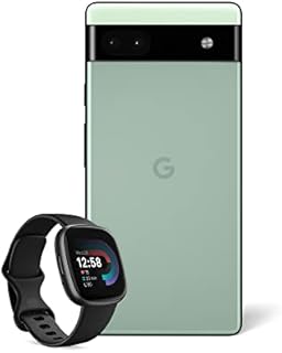 Google Pixel 6a Unlocked Android 5G Smartphone with 12 megapixel camera and 24-hour battery Sage + Fitbit Versa 4 Fitness Smartwatch, compatible with Android and iOS