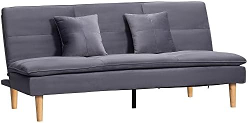 HOMCOM Sofá Cama de 3 Plazas Tapizado en Franela con Respaldo Ajustable en 2 Posiciones 2 Cojines y Patas de Madera Sofá Moderno para Salón Oficina 181x92x84 cm Gris