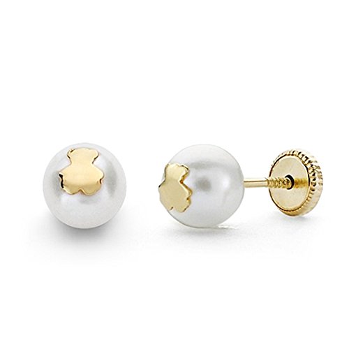 Pendientes oro 18k con perla cultivada de 6mm y diseño de osito de alta joyería para bebé