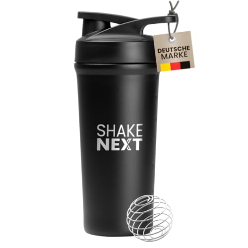 ShakeNext® Edelstahl Shaker [NEUEINFÜHRUNG] - Trinkflasche mit Mixball 700ml, Fitness und Protein Shaker mit auslaufsicherem Druckverschluss, patentiertes Design (Schwarz)