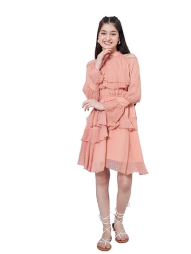 Image of Pspeaches Girl's Self Design Halter Neck Bell Sleeves Layered Ruffled A-Line Dress Orange Color Stylish & Trandy