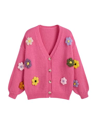 CIDER Cárdigan de punto con cuello en V y flores 3D Curve & Plus, Rosado, 1X