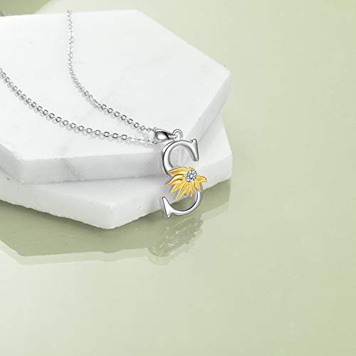 Poplyke Sterling Silver Initial Alphabet Letter S Script Name Pendant Chain Necklace For Women Girls For (Sunflower S) #TOP3