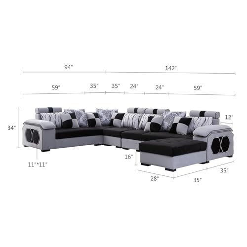 Image of Orions L Shape Sofa Set 12 Seater for Living Room (Light Grey & Black) | Modular Sofa Set 12 Seater Couch | 12 Seater Sofa with Ottoman 4 Puffy | Fabric 12 Seater Sofa