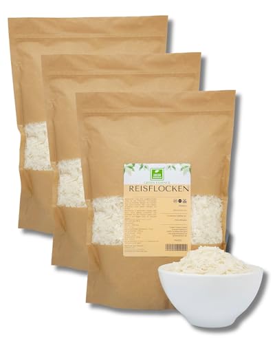 Reis Flocken 3kg (3x1kg) von der Grünen Essenz - weiße Reisflocken zum Frühstück - Müsli und Backen - als Hundefutter Zusatzstoff - Reisflocken 1kg Reisbrei fur Pudding - Gemüseflocken Vegan (3 Kg)