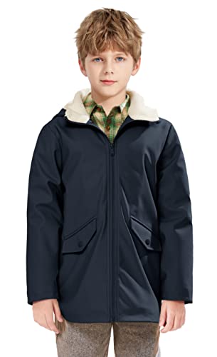 Image of SOLOCOTE Kids Rain Jacket Hooded Lined Rubber RainCoats for Girls Boys Waterproof Windproof SLN2256-Navy-6Y