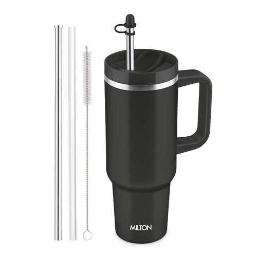 Image of MILTON Malmo 1200 Thermosteel Double Wall Vacuum Insulated Stainless Steel Water Tumbler with Handle 1100ml,Travel Mug with Straw,Silicon Cap,Cleaning Brush,Hot & Cold Beverage Flask,Jet Black