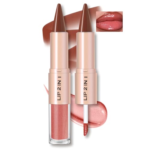 Noerrors Brown Lip Liner & Gloss Set, 2-in-1 Dual-Ended Plumping Lipliner Lipstick with Moisturizing Gloss, High Shine Matte Kit, Nude Coral Ombre Effect Glossy Long Lasting Waterproof Care Makeup #04