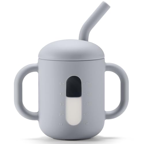 Image of CLYMENE Silicone Training Cup with Straw & Handles | Baby Sippy Cup | Water Drinking Cup for Infants and Toddlers 6 Months+, 6 oz, Smoke
